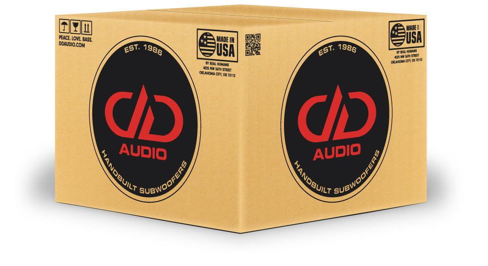rendering of dd audio brown box shipping box showing two alike sides with red and black logo and part of top view of box