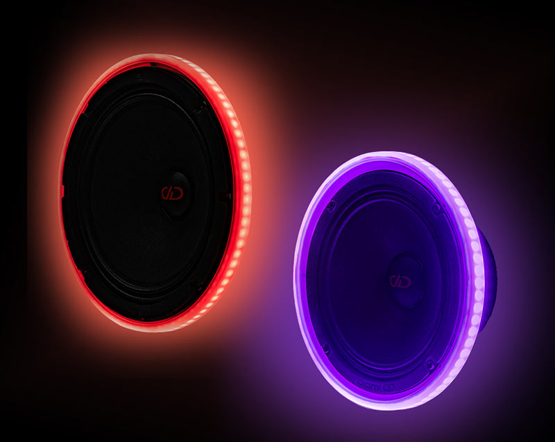 speaker led light rings two sizes on black background showing led lights in red and purple