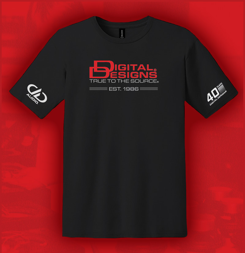graphic of black 40th anniversary t shirt with white classic digital designs logo on front chest and current dd logo on right sleeve and 40th anniversary on left sleeve prints all on red background