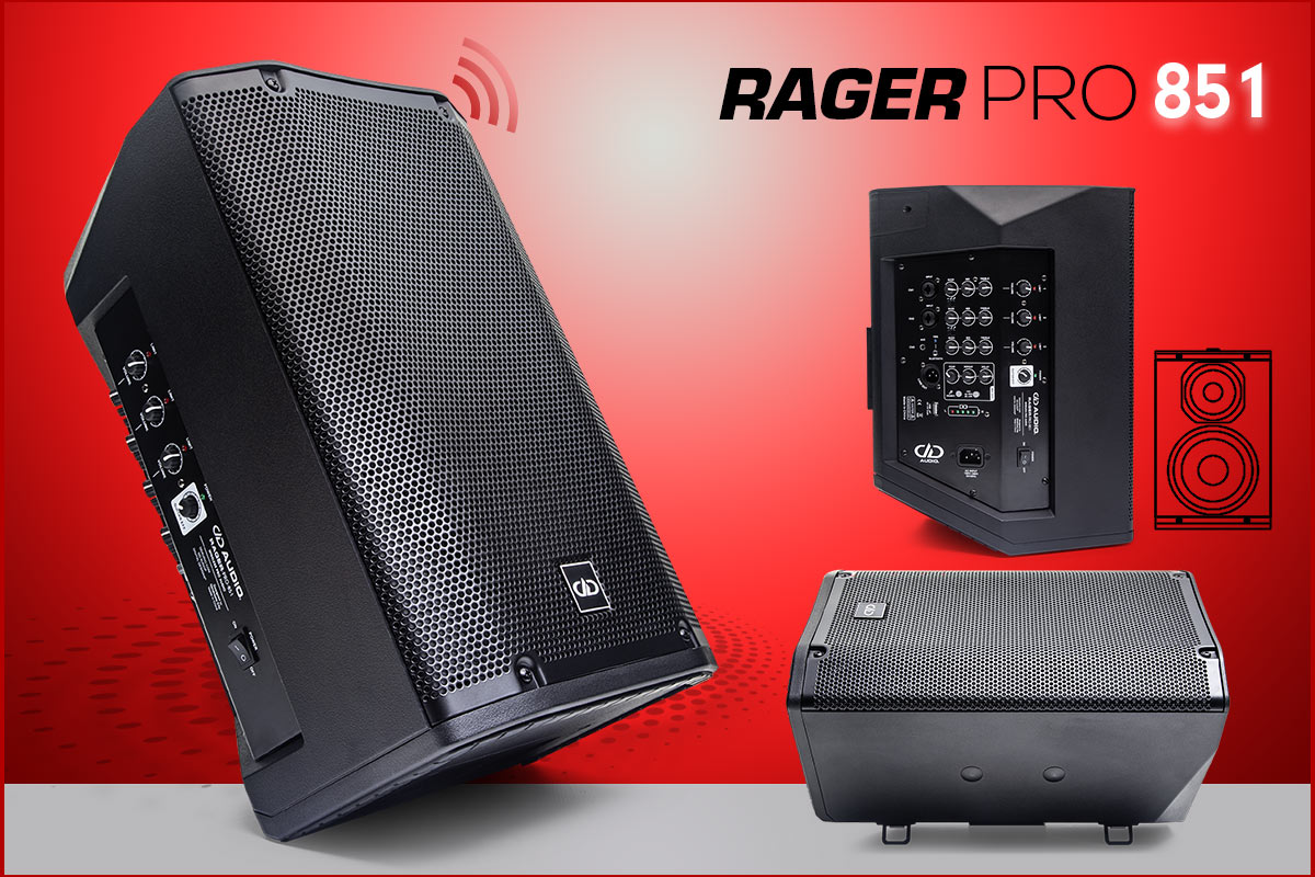 graphic for the rager pro 851 with 3 photos of the speaker in various positions all on red background