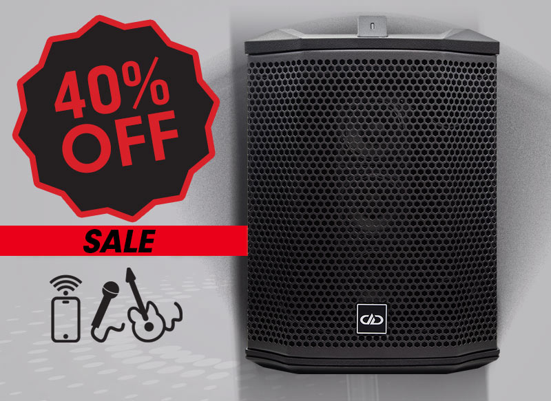 Banner graphic for pictured rager pro wireless pro audio speaker sale with 40 percent off on a burst graphic