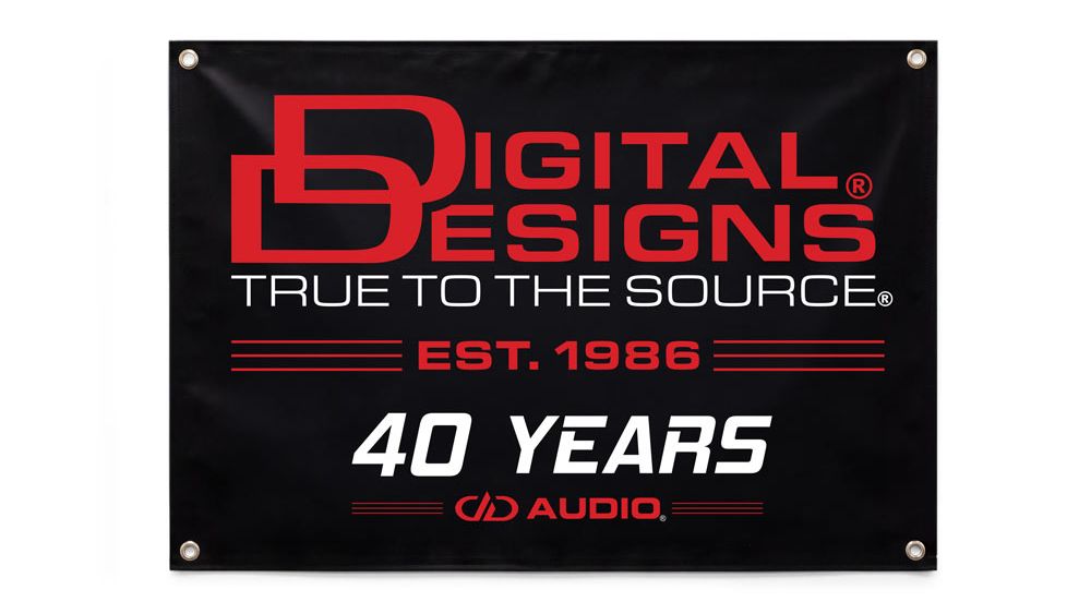 40th anniversary black 2x3 banner with digital designs logo and true to the source tag line with est 1986 and 40 years