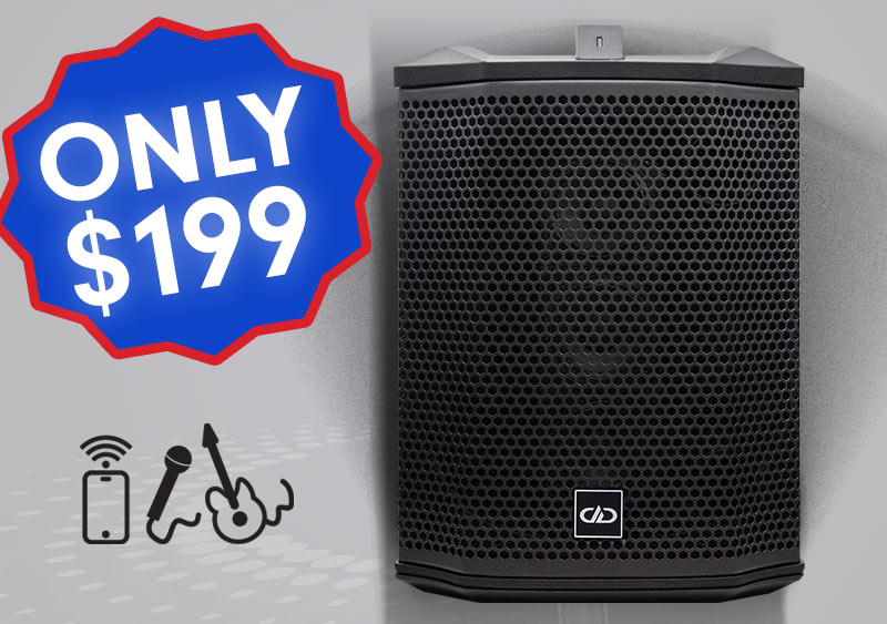 Banner graphic with pictured rager pro wireless pro audio speaker sale with only 199 on a burst graphic and phone mic and guitar icons