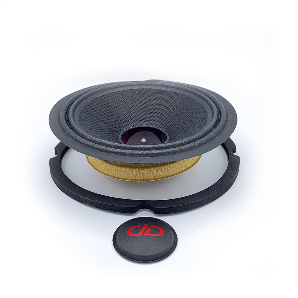 VO MN506 6 and a half inch mid range speaker repair kit parts photo including cone spider and coil assembly plus gasket and dust cap with logo