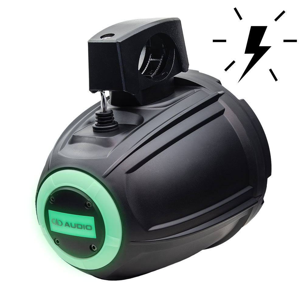 Photo of MCA-106b showing the back logo with LED light on with a lightning icon showing that this is a powered or active marine can