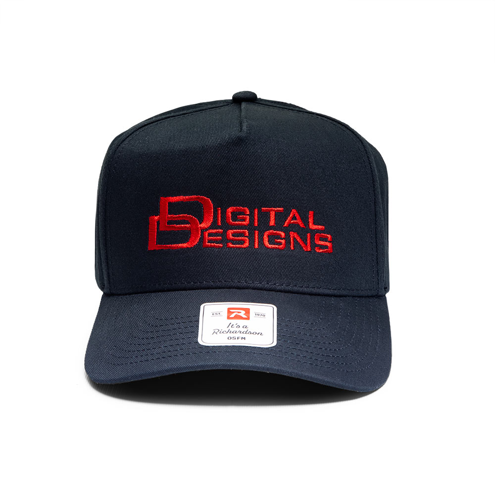 Anniversary black hat with red embroidered digital designs logo on front 40th on back left and modern dd logo on back right snap back hat