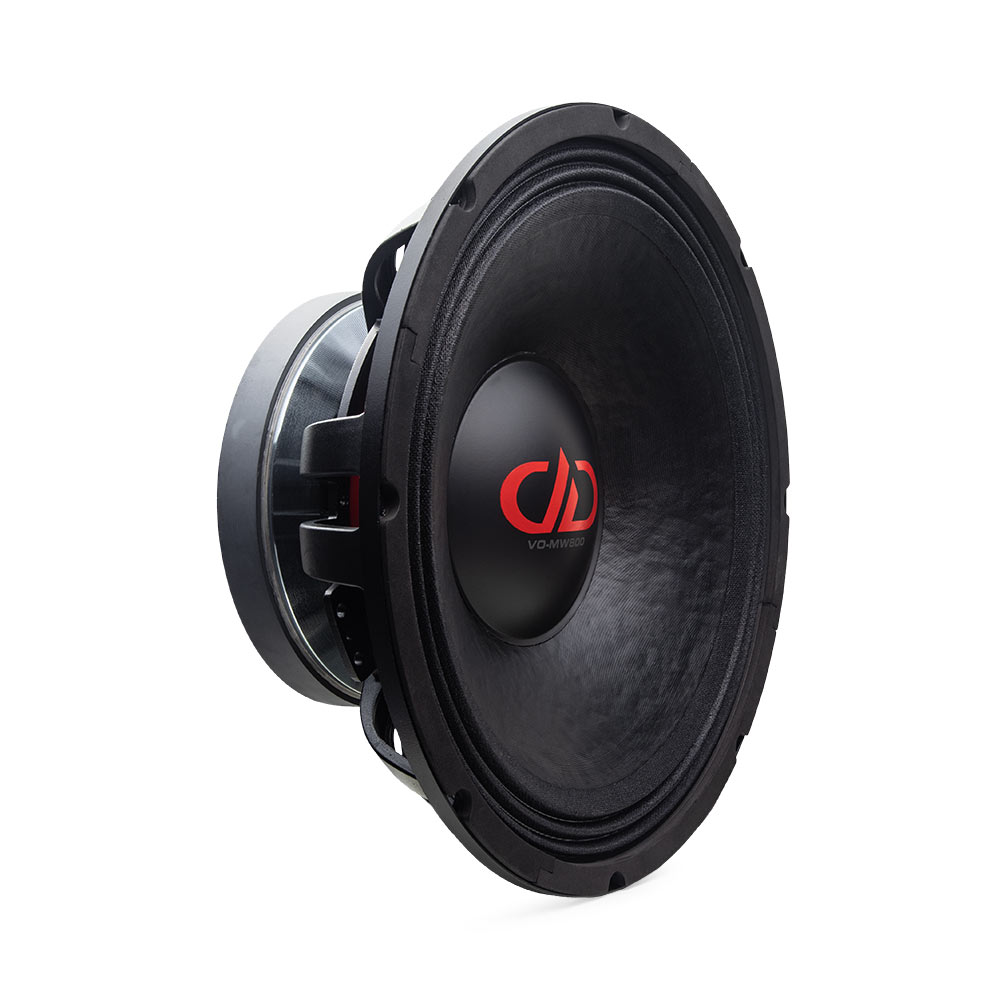 15 inch vo mw800 mid woofer slanted right with ferrite motor showing plus part of basket cone and dust cap with logo