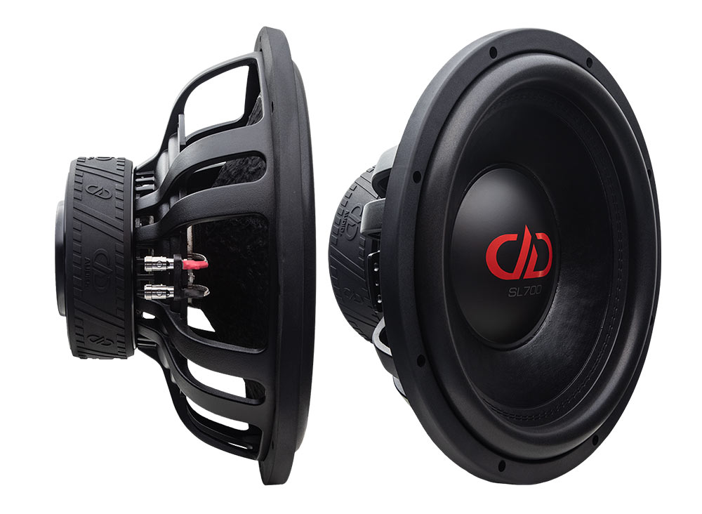 two 15 inch SL700 series subwoofers showing one slanted right view of front and side view of frame and motor