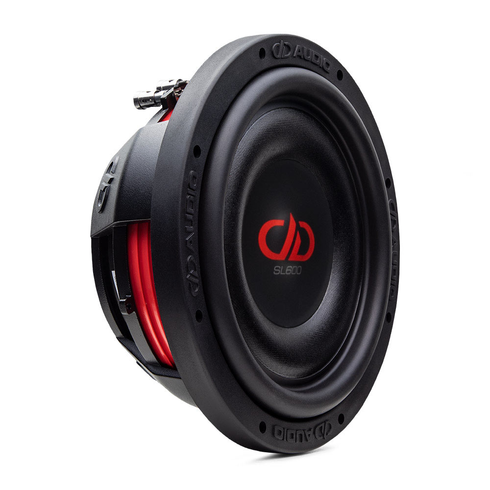 10 inch SL600 slim subwoofer slanted right showing part of front dust cap cone and surround plus side view of back motor