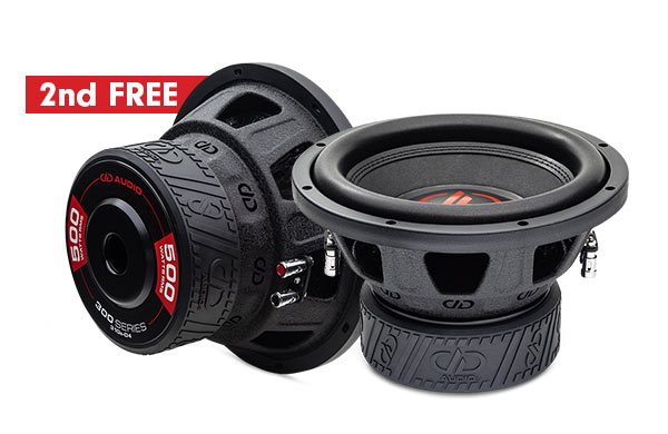 photo of two 10 inch 300 series subwoofers staged to show two angles with words next to one stating 2nd free