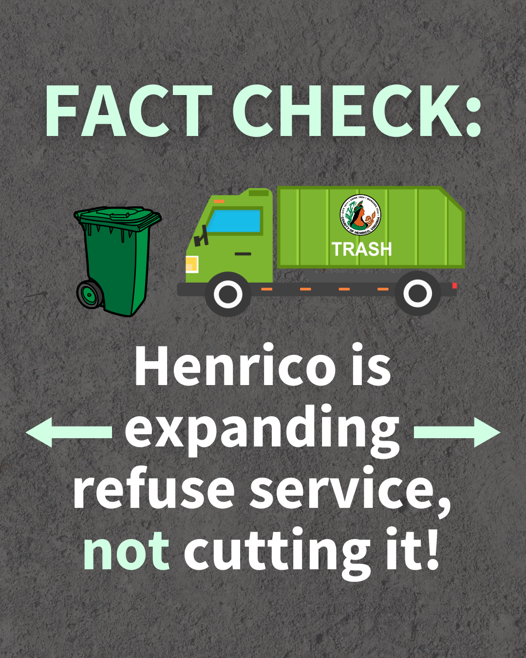 Graphic with trash truck and trash can. Text: Fact check, Henrico is expanding refuse service, not cutting it!