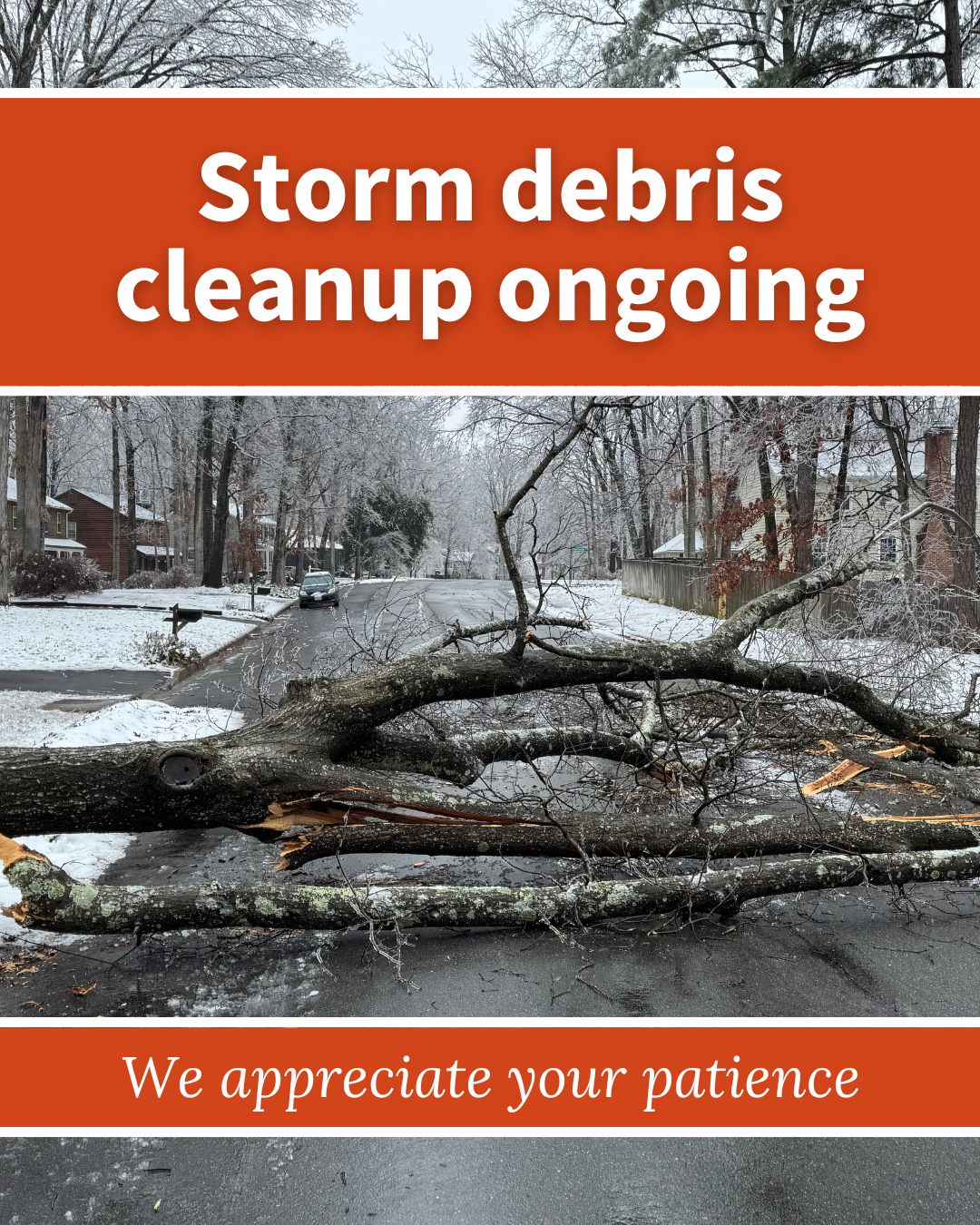 Graphic with photo of fallen tree in road. Text: Storm debris cleanup ongoing. We appreciate your patience!