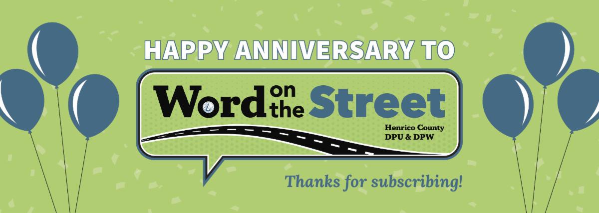Banner with balloon. Text: Happy anniversary to Word on the Street! Thanks for subscribing.