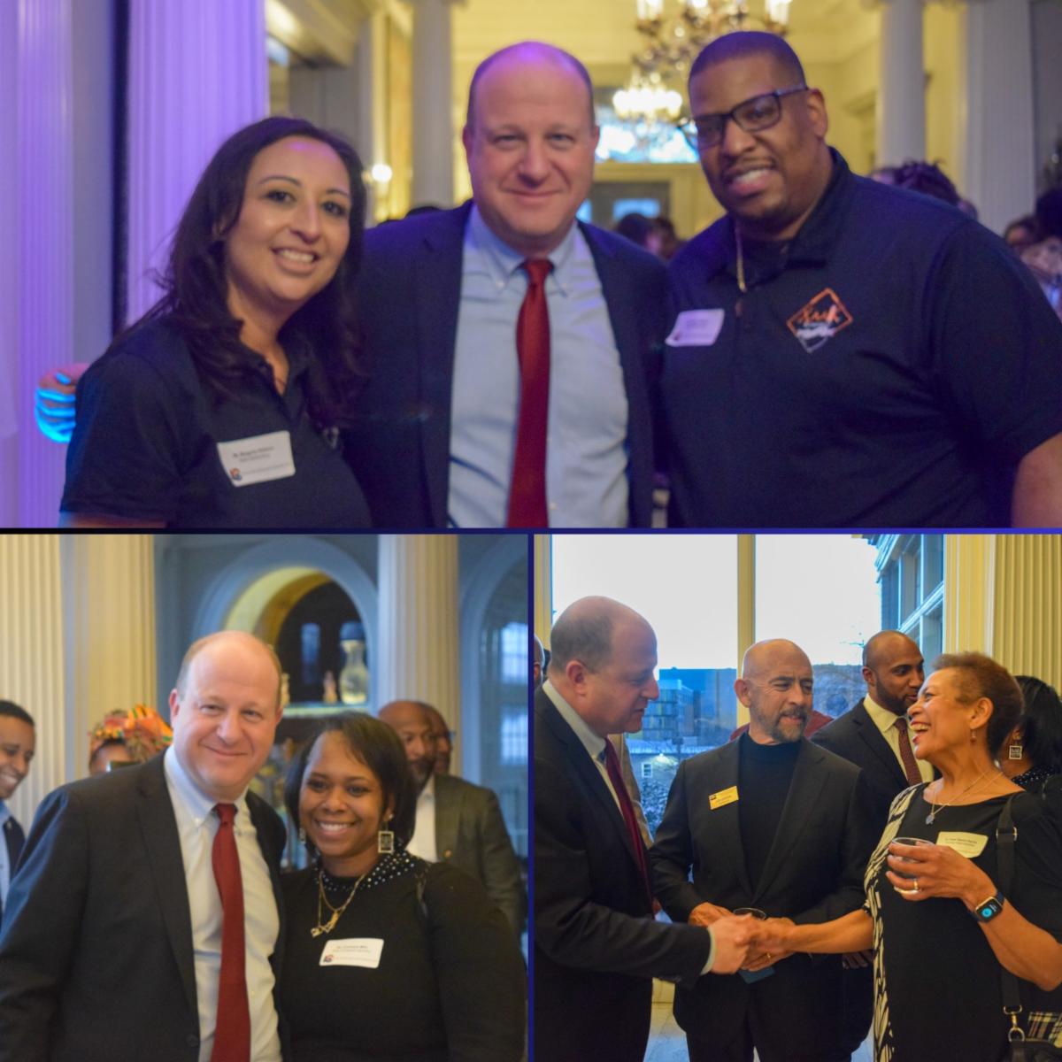 Top section shows Gov posing with two party attendees, bottom left photo shows Governor Polis posing with one woman, and bottom right shows Governor Polis shaking hands with a party attendee.