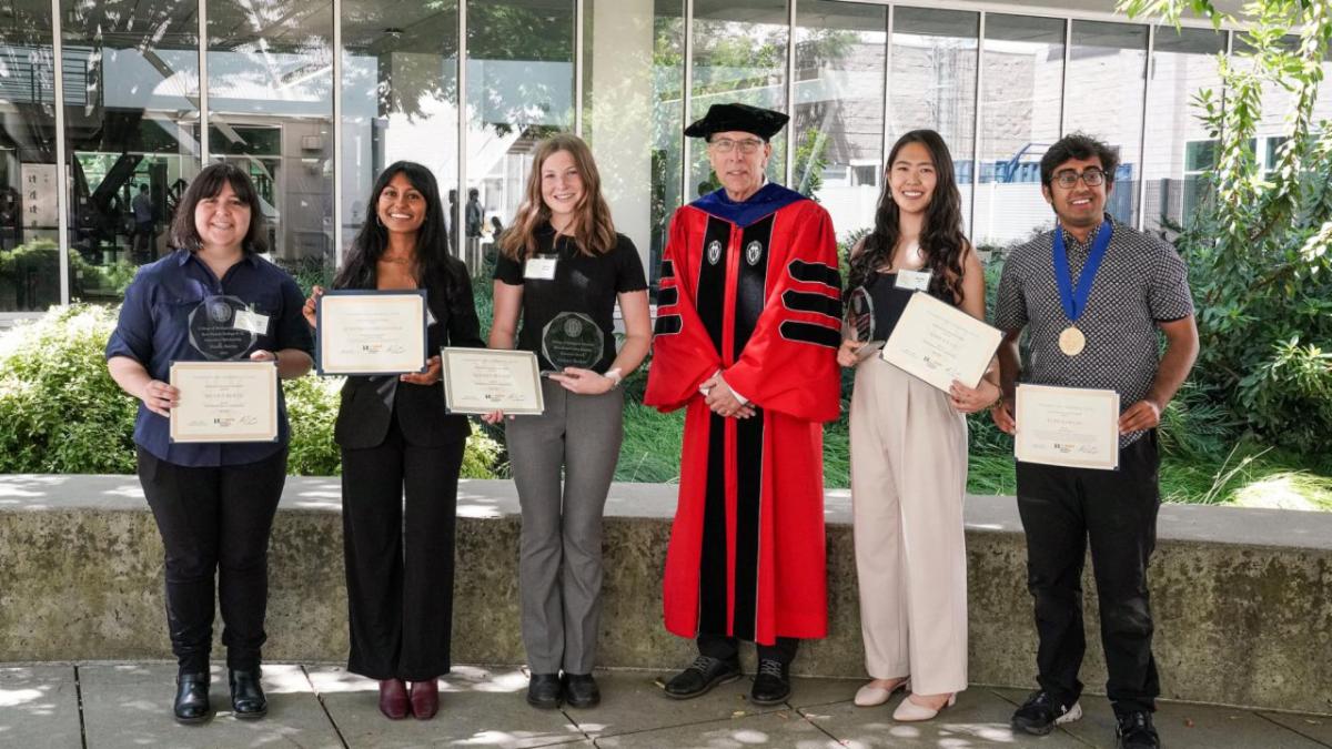This year’s top graduating seniors were recognized at the CBS award ceremony on Saturday, May 31. Here, the recipients are pictured with CBS Dean Mark Winey. From the left, the recipients are: Nicole Burye, Avantika Gokulnatha, Sydney Becker, Shih-Na Liu and Kush Narang. Photo by Katrina Huynh