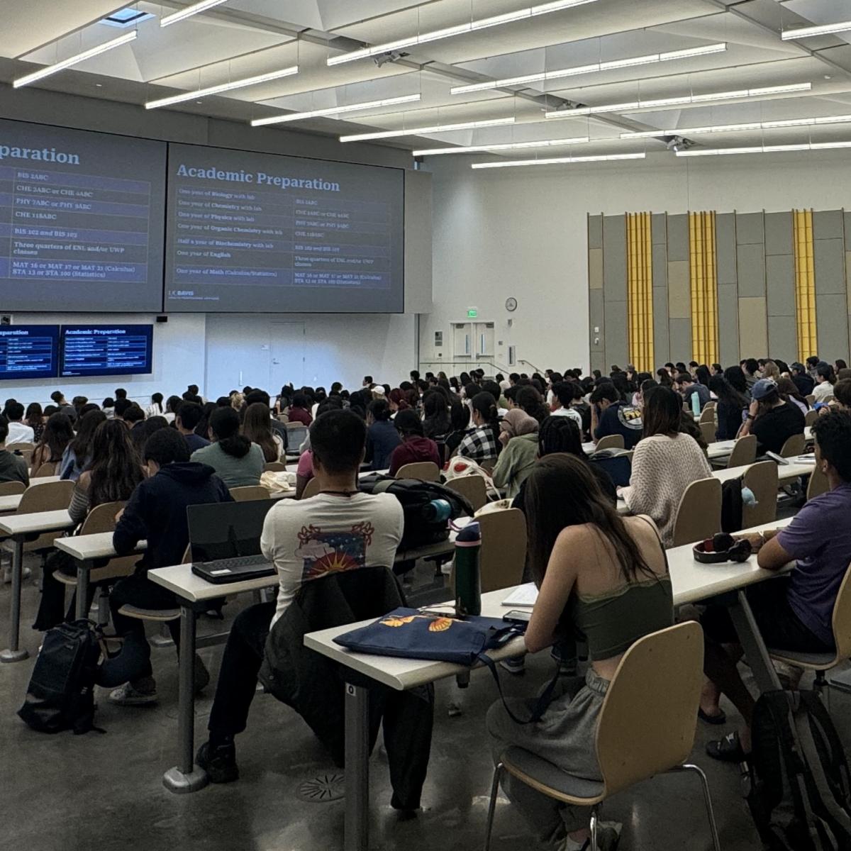 UC Davis students in lecture hall attending Health Professions Advising orientation