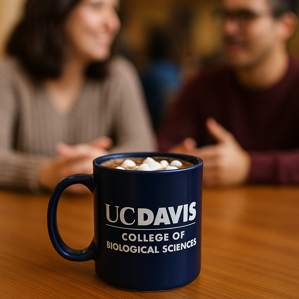 Image of a UC Davis College of Biological Sciences mug of hot chocolate in the foreground with two people who are slightly blurred chatting in the background