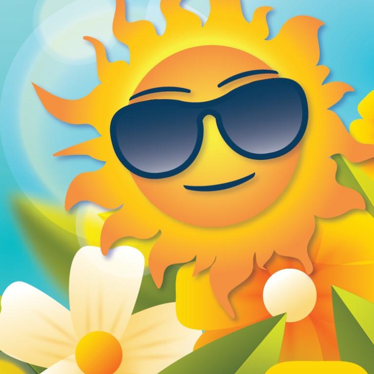 Cartoon image of a sunshine wearing sunglasses with some colorful flowers in the foreground.