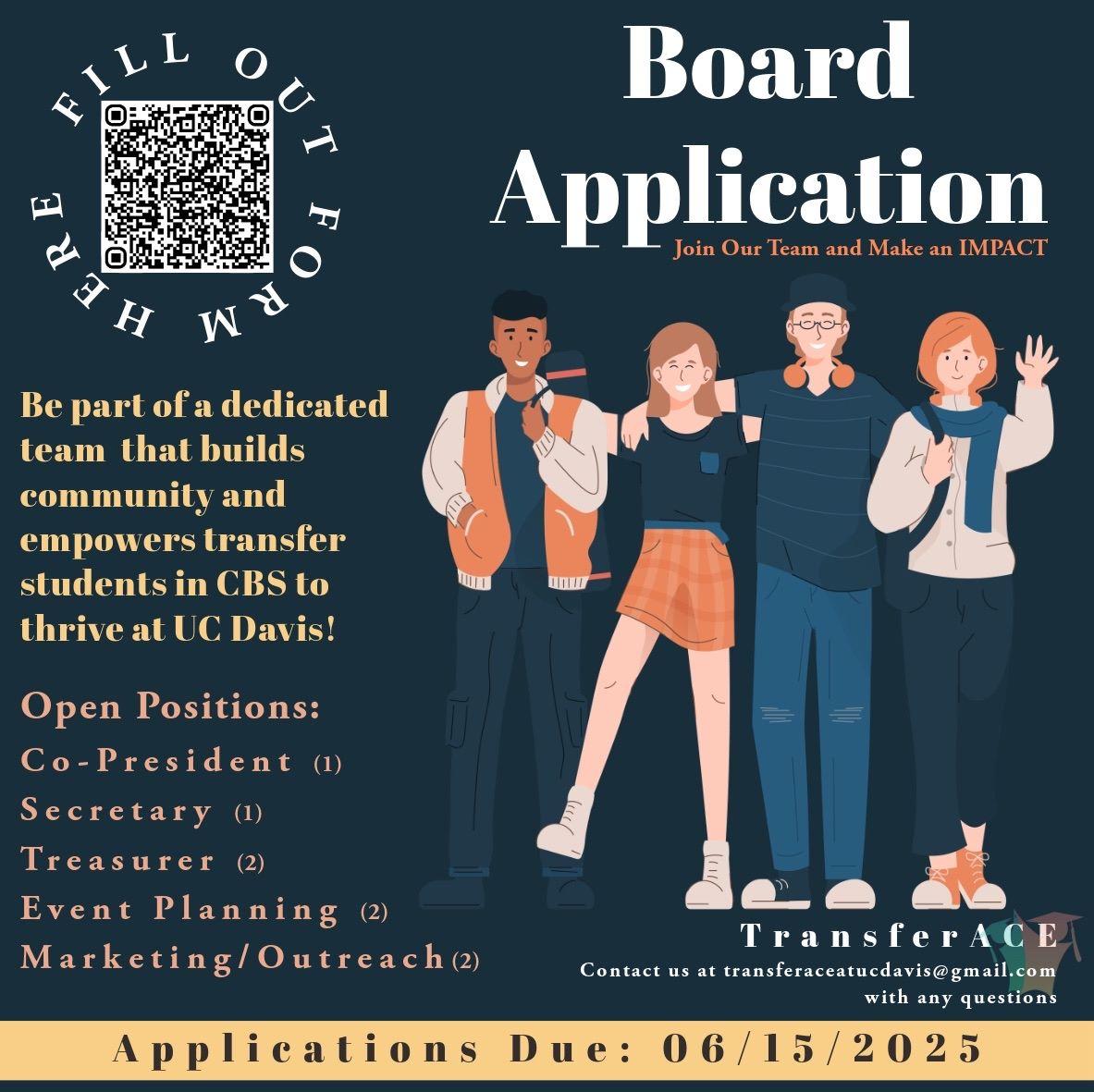 Image of four caricatures of students promoting the Board Application for TransferACE in the College of Biological Sciences at UC Davis.