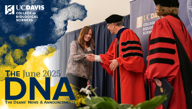Cover image for the June 2025 issue of The DNA - the CBS Deans' News & Announcements - featuring Deans Mark Winey and Michele Igo in academic regalia congratulating an award recipient.