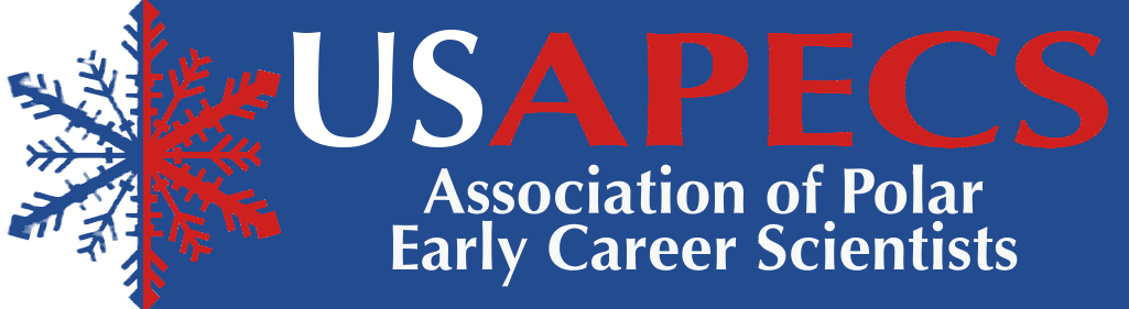 Logo of USAPECS United States Association of Polar Early Career Scientists featuring a red and blue snowflake design on the left and the text USAPECS Association of Polar Early Career Scientists in white and red letters on a dark blue background