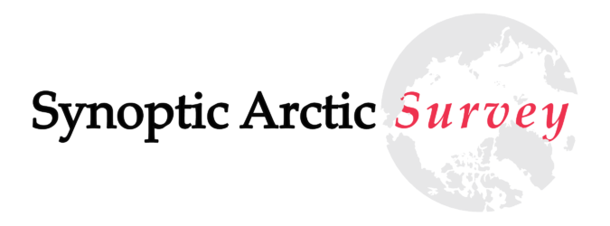 Logo of Synoptic Arctic Survey SAS featuring the words Synoptic Arctic in black and Survey in red italic font with a faint gray globe in the background