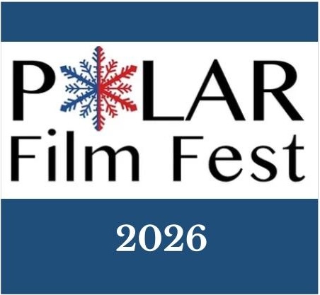 Logo for Polar Film Fest 2026 with the word Polar in large black letters where the letter O is replaced by a red and blue snowflake and Film Fest written below on a white background framed by blue bands at the top and bottom