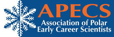 Logo of Association of Polar Early Career Scientists showing a blue snowflake on the left and the words APECS Association of Polar Early Career Scientists in orange and white text on a blue background