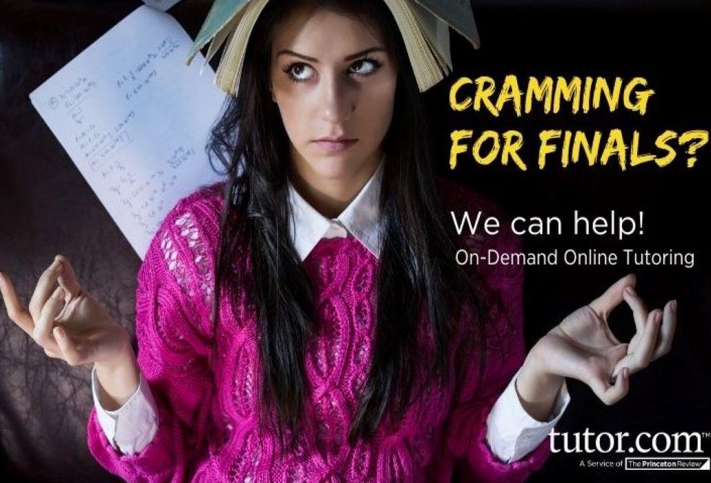 person with book. text reads 'Cramming for Finals. We can help. On Demand Online Tutoring'