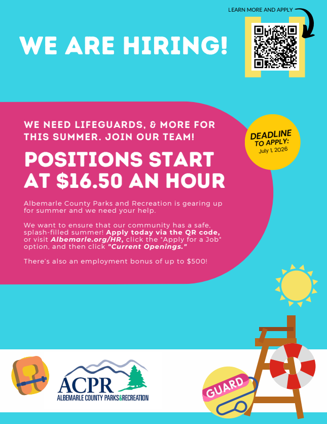 Apply to be a lifeguard for summer 2026 at albemarle.org/parks
