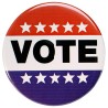 Button with red, white, and blue stars and the word VOTE in black text