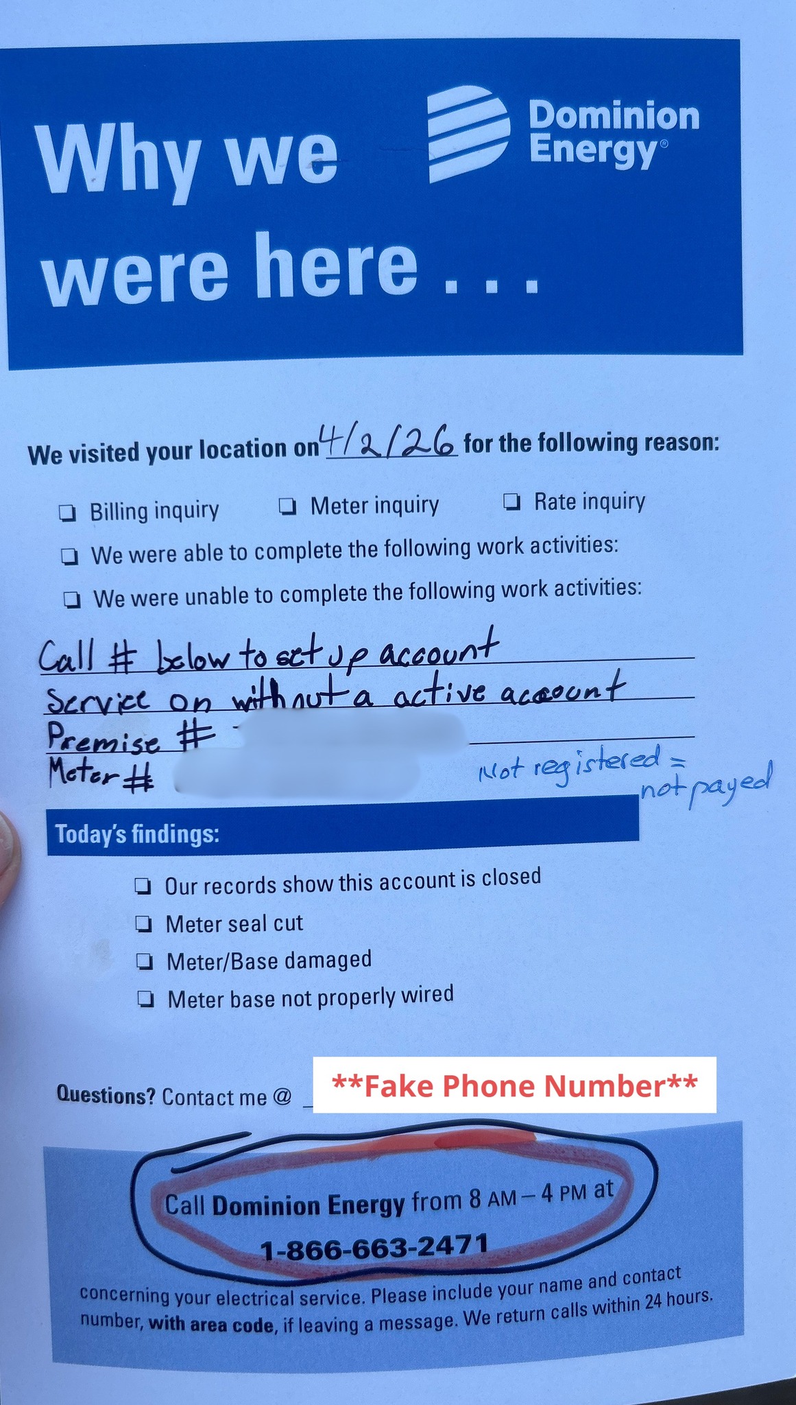 Sample of scam Dominion Energy Notice, including scammer details