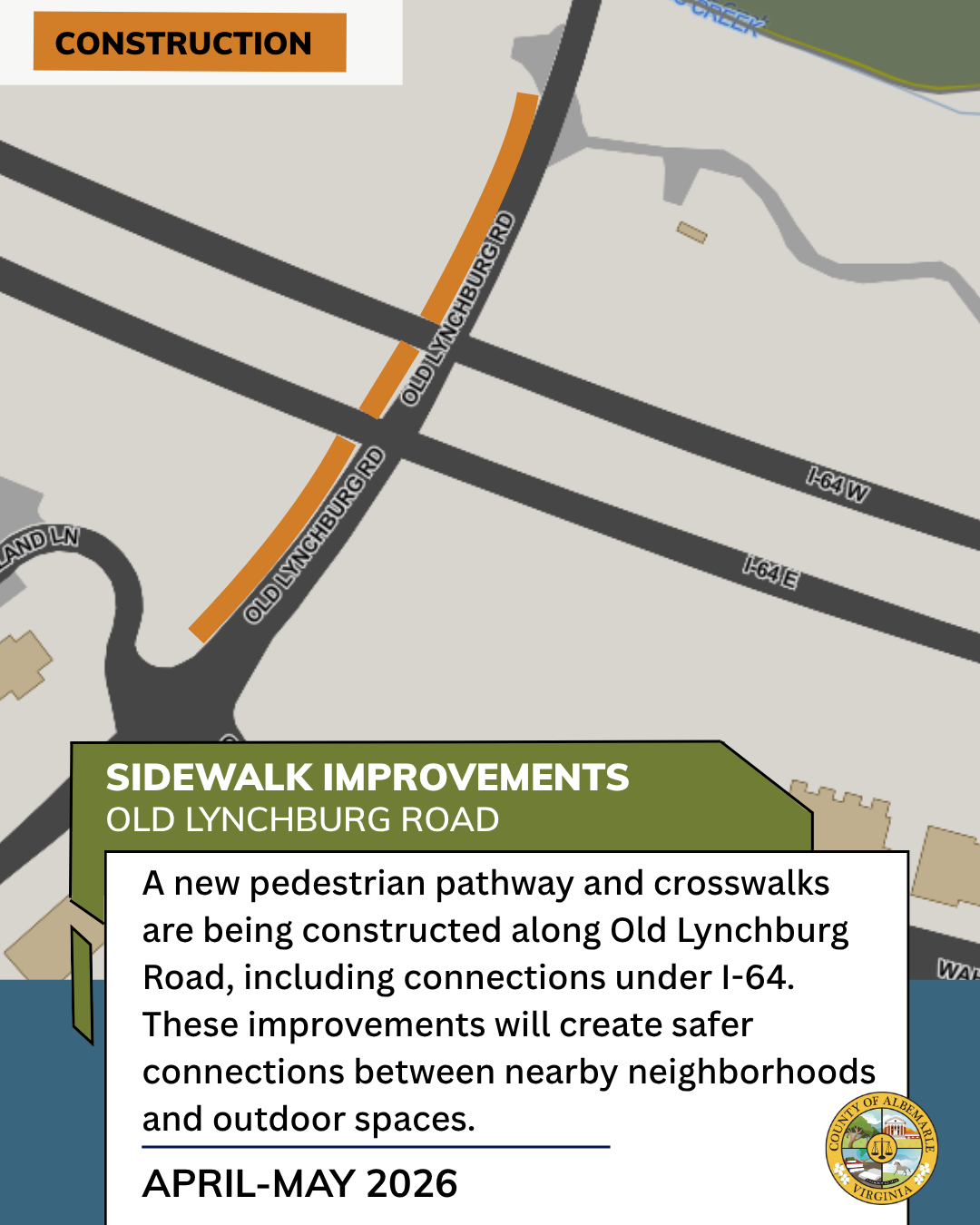 Sidewalk Improvement on Old Lynchburg Rd will create safer connections between surrounding neighborhoods and outdoor spaces.
