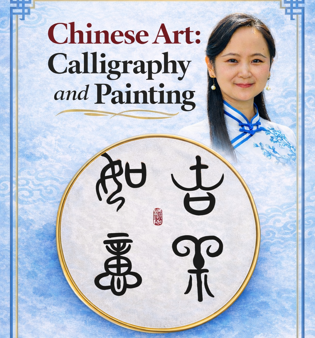 Haixia Wang with calligraphy message "best wishes from my heart" to the CMU-Q community