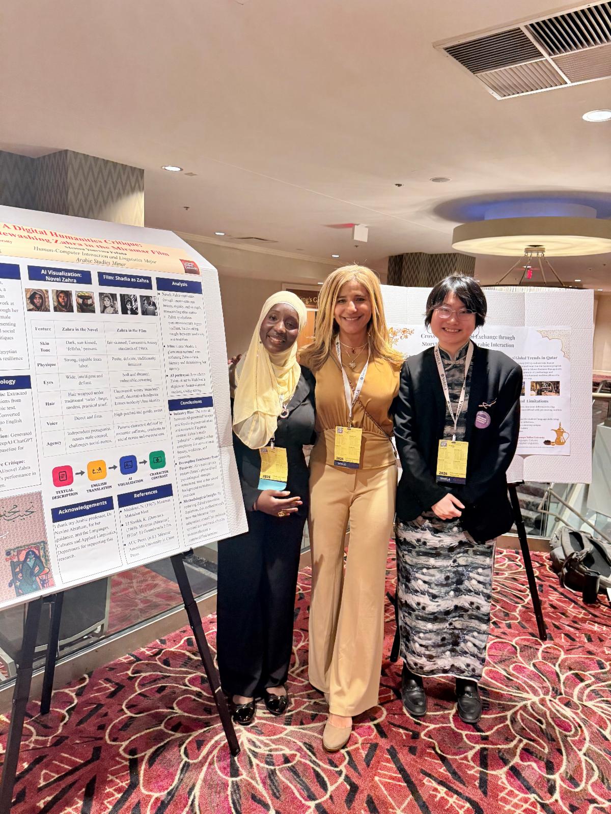 Nevine Abraham with Arabic studies students Messou Fofana and Qianru Tan at NeMLA