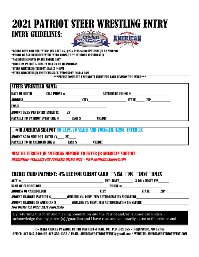 PATRIOT EVENT 2021 STEER WRESTLING ENTRY PACKET