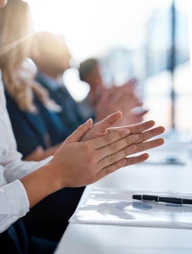 Clapping_ success or presentation with hands of business people for support_ seminar and celebration. Conference_ winner or applause of audience for goal_ motivation and awards for target achievement