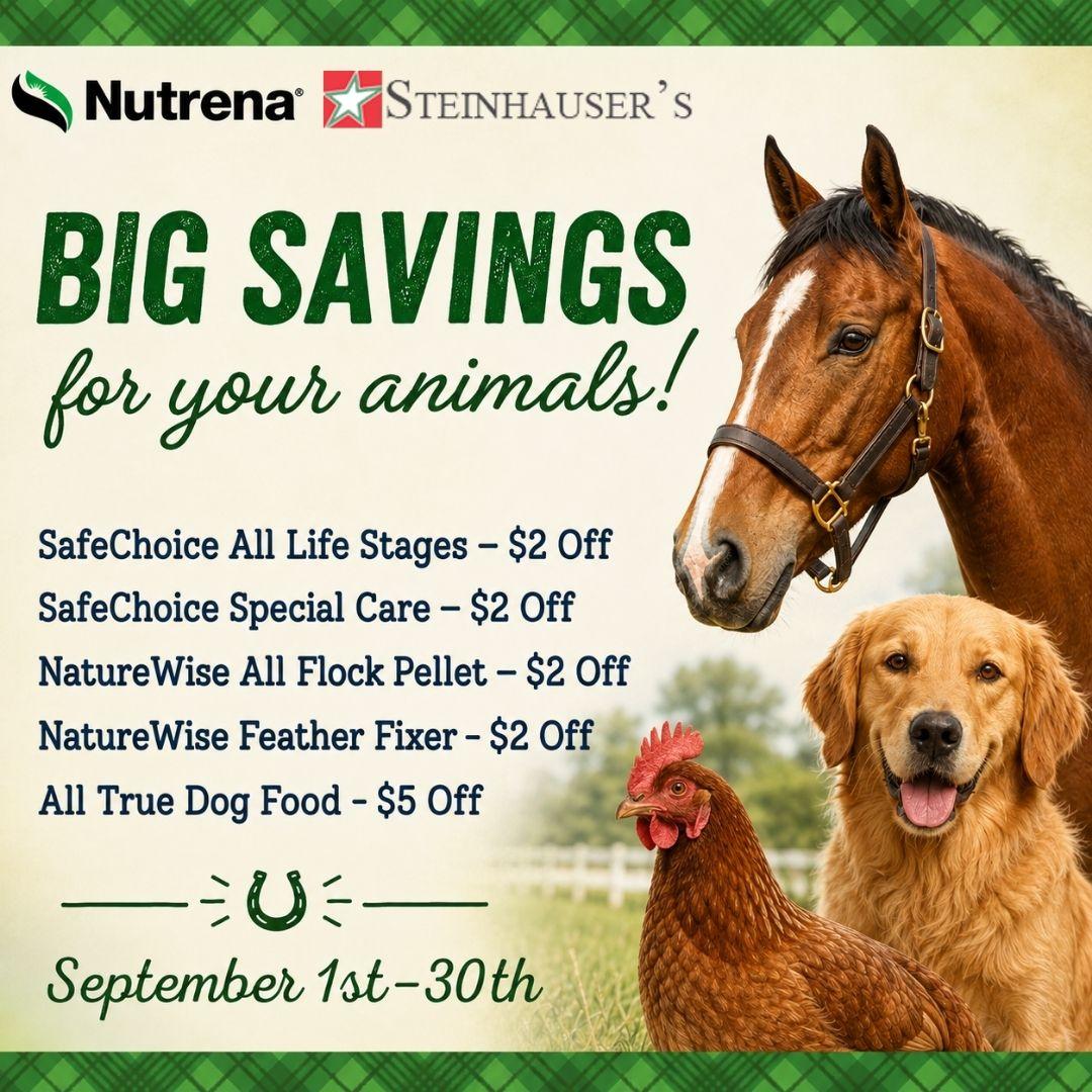 List of products on sale with horse, dog, chicken illustration