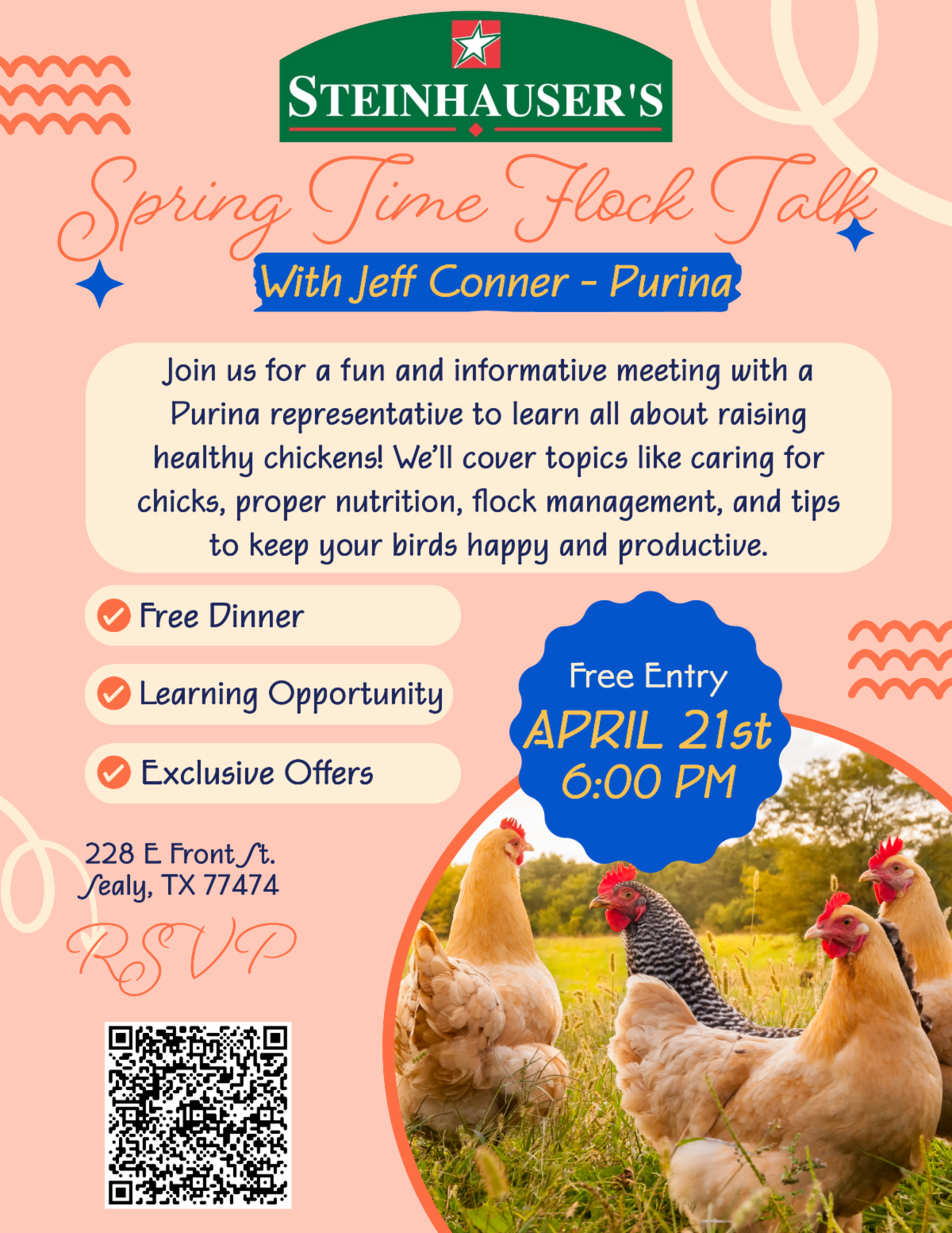 Brightly Colored flyer with photo of chickens listing details of event