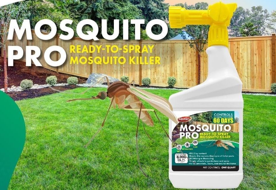 Bottle of Mosquito Pro in back yard with mosquito graphic