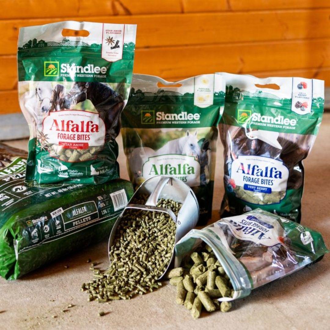Bags of Standlee Feed Forage with product poured out to see different textures
