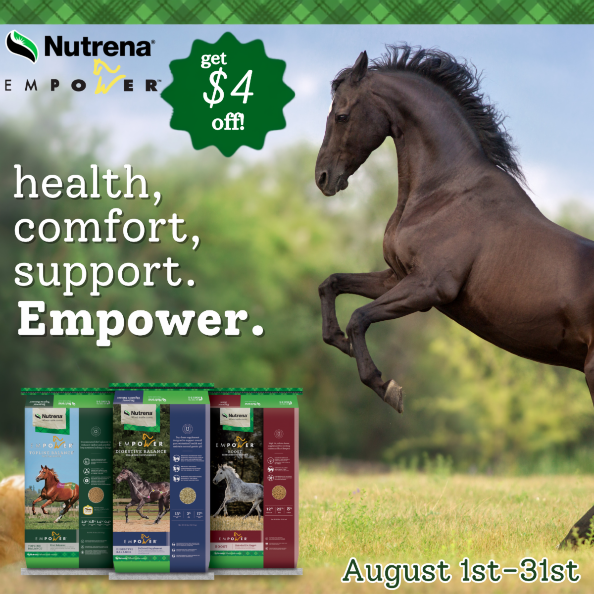 Save $4 on Nutrena Empower Supplements This August - photo of brown jumping horse and three product bags 