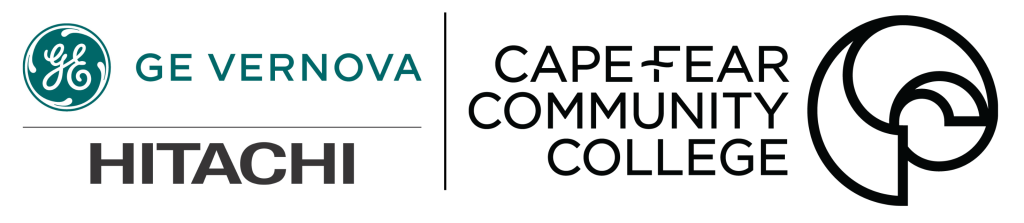 Alt text:  Logos for GE Vernova and Hitachi displayed on the left, separated by a vertical line from the Cape Fear Community College logo and circular emblem on the right.