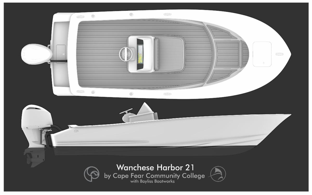 Top and side view renderings of a small center-console boat labeled “Wanchese Harbor 21,” designed by Cape Fear Community College with Bayliss Boatworks, shown on a dark background.
