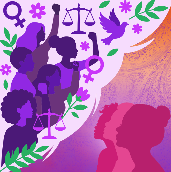 Pink and orange background with a purple graphic of women and equality symptoms. In the lower right is three silhouettes of women.