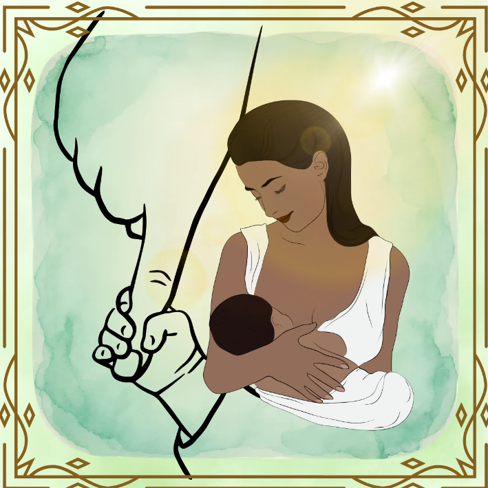 An illustration shows a mother breastfeeding her infant while a line-art hand gently holds the mother's hand, symbolizing support, against a soft watercolor background with an ornate gold border.