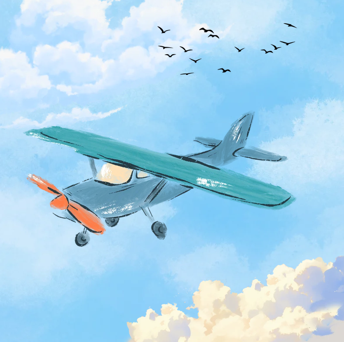 A teal plane flying on a blue sky with a flock of birds in the background.