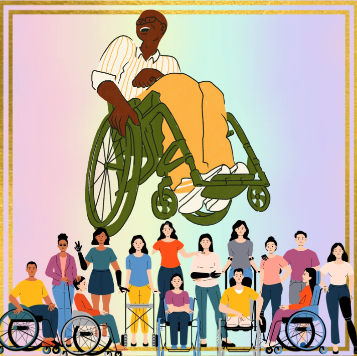 Image shows a smiling wheelchair user above a diverse group of disabled people with various mobility aids and limb differences, framed by a gold border on a pastel rainbow background.