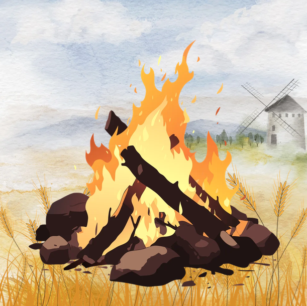 A bright campfire burns atop stacked logs and stones in a grassy field, with a distant windmill beneath a soft watercolor sky.