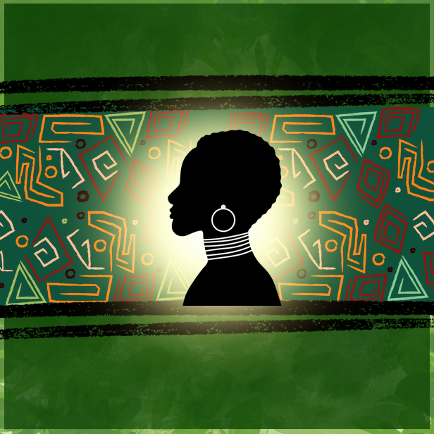 A stylized black silhouette profile of a person with an afro, hoop earring, and neck rings is centered against a colorful geometric pattern on a green background.